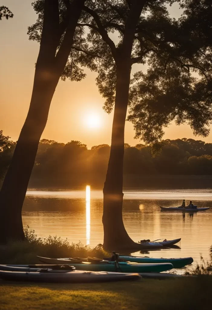 Sunset over a calm river in Waco with paddleboards and a kayak resting on the shore, highlighting Sports Adventures in Waco.