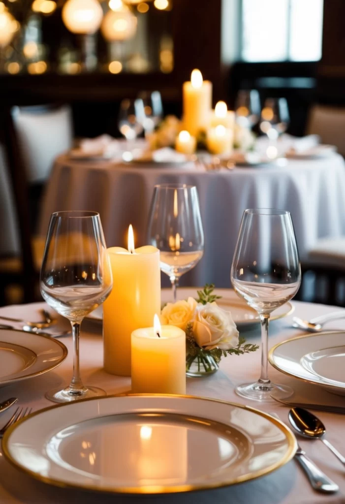 A candlelit table set with fine china and wine glasses, surrounded by elegant decor and soft lighting at The BLVD Steakhouse