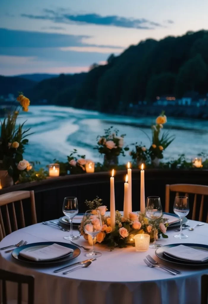 A candlelit table for two overlooks a scenic river, adorned with elegant place settings and fresh flowers. Soft lighting and a cozy ambiance create the perfect setting for a romantic dinner