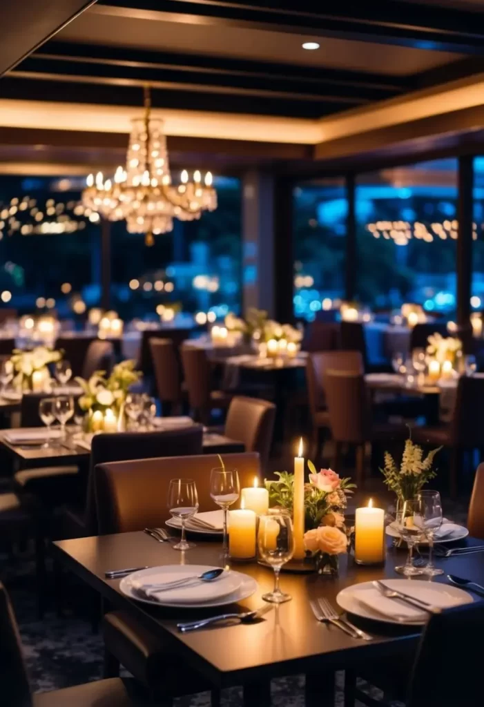 A cozy, dimly lit restaurant with intimate seating arrangements, soft music, and flickering candlelight. The decor includes elegant table settings, fresh flowers, and a warm, inviting ambiance