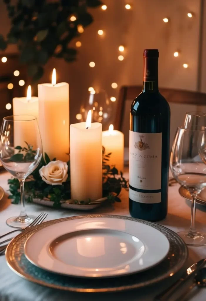 A cozy candlelit table for two, set with elegant dinnerware and a bottle of wine. Soft ambient lighting and romantic decor create an intimate atmosphere