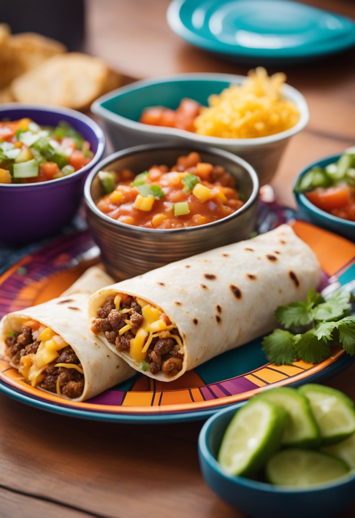 Two burritos filled with eggs, cheese, and meat, served on a colorful plate with sides of salsa, queso, and lime wedges.