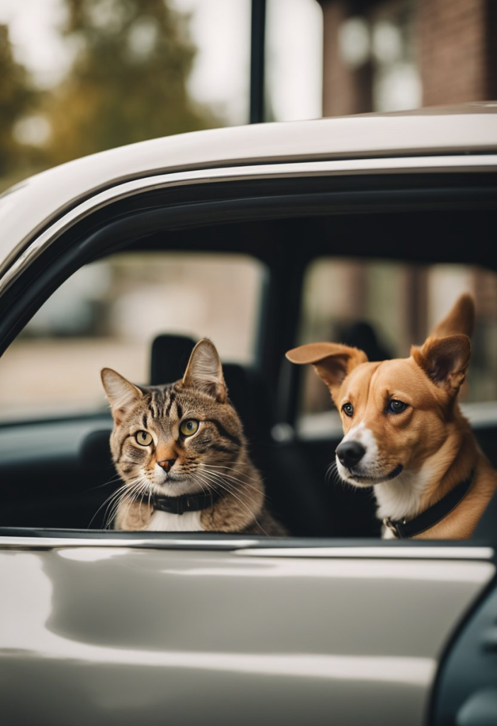 Travelling with Pets in Waco: A cat and a dog sitting inside a car, looking out of the open window