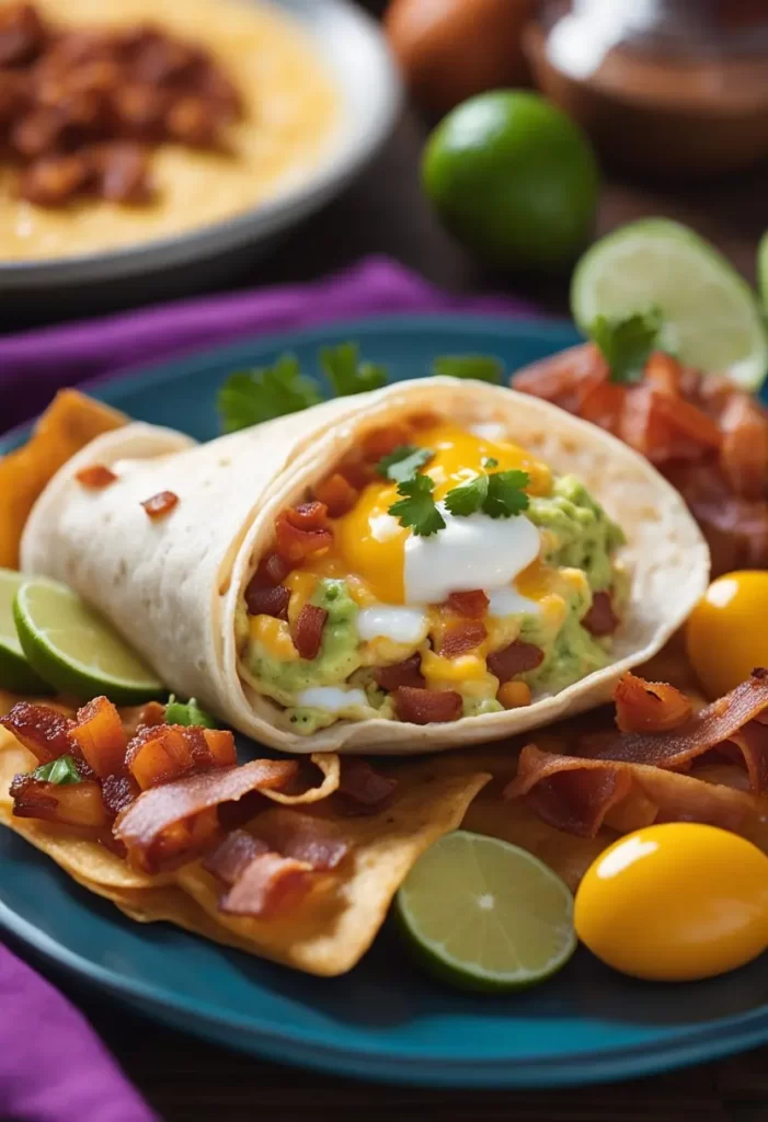 A savory breakfast burrito with bacon, eggs, and guacamole.