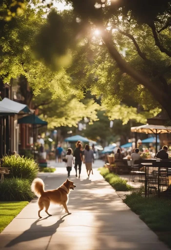 Dog walking on a sunny sidewalk in Waco with people and outdoor cafes in the background