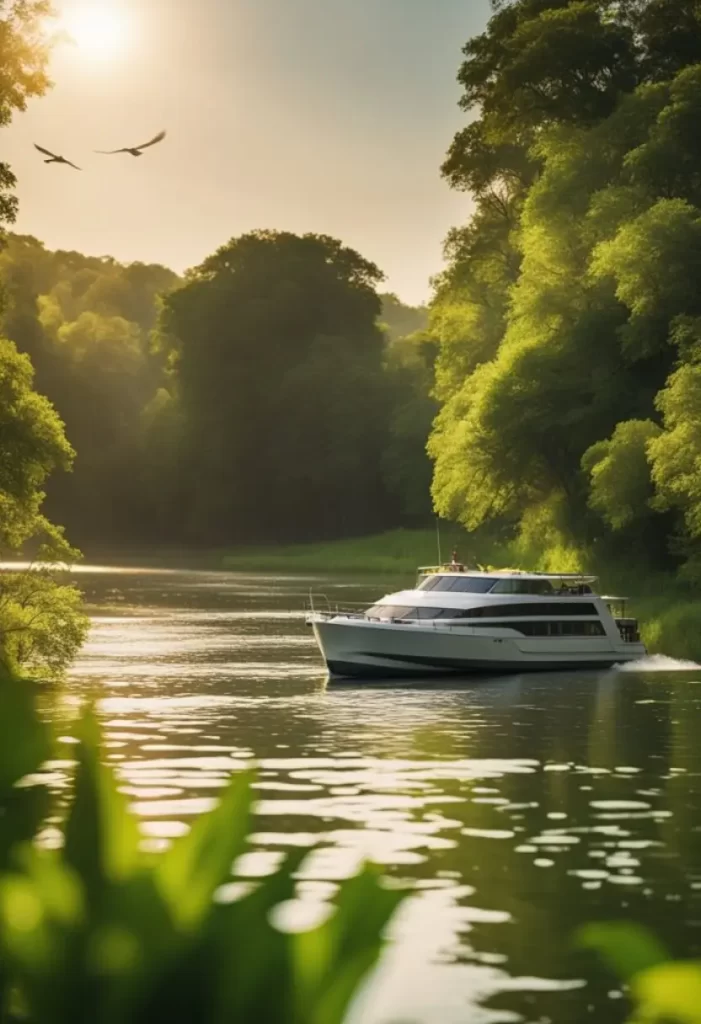  A serene image of a white boat cruising on the Brazos River surrounded by lush greenery under a soft golden sunlight, with two birds flying overhead.