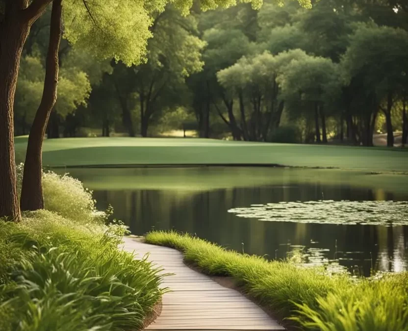 A serene scene of a peaceful park with lush greenery, a tranquil pond, and a winding walking path, ideal for relaxation in Waco