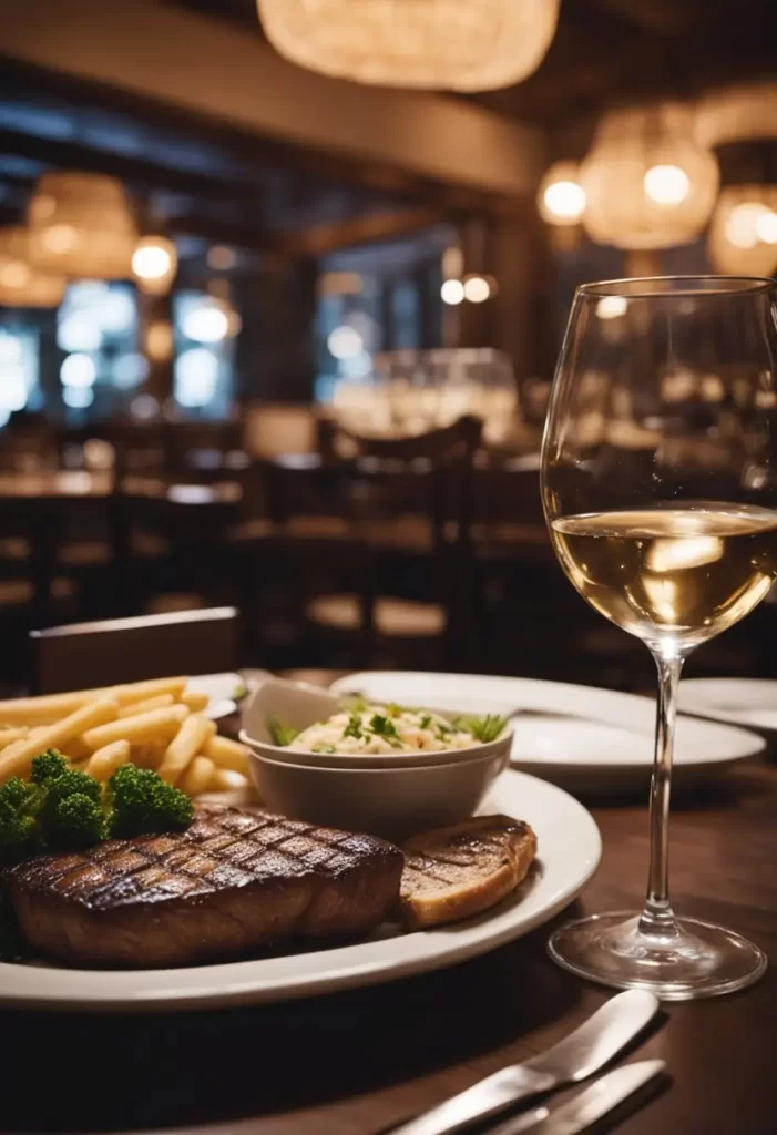 A cozy, dimly-lit restaurant with elegant table settings and a warm, inviting ambiance. The aroma of sizzling steaks and fresh-baked bread fills the air as patrons enjoy their meals. Best sit down restaurants in Waco TX.