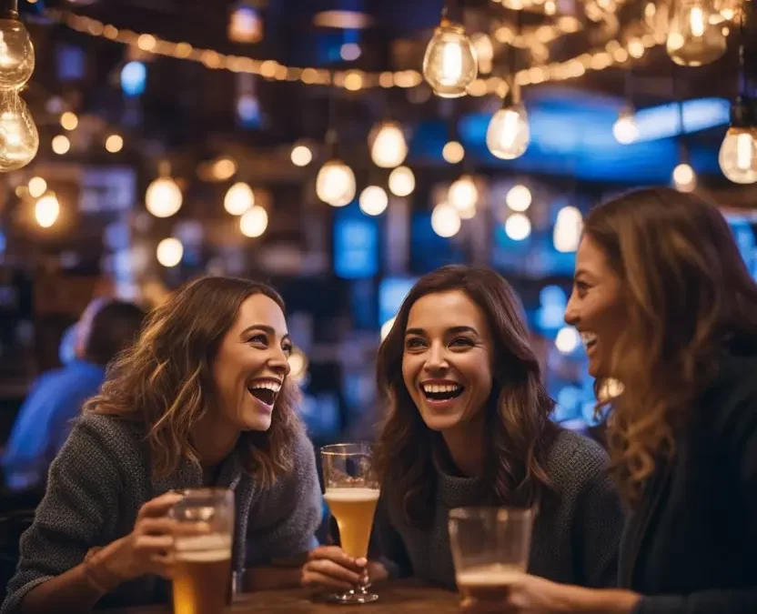 Group of friends enjoying a Girls Night Out in Waco at a lively bar with drinks and laughter.