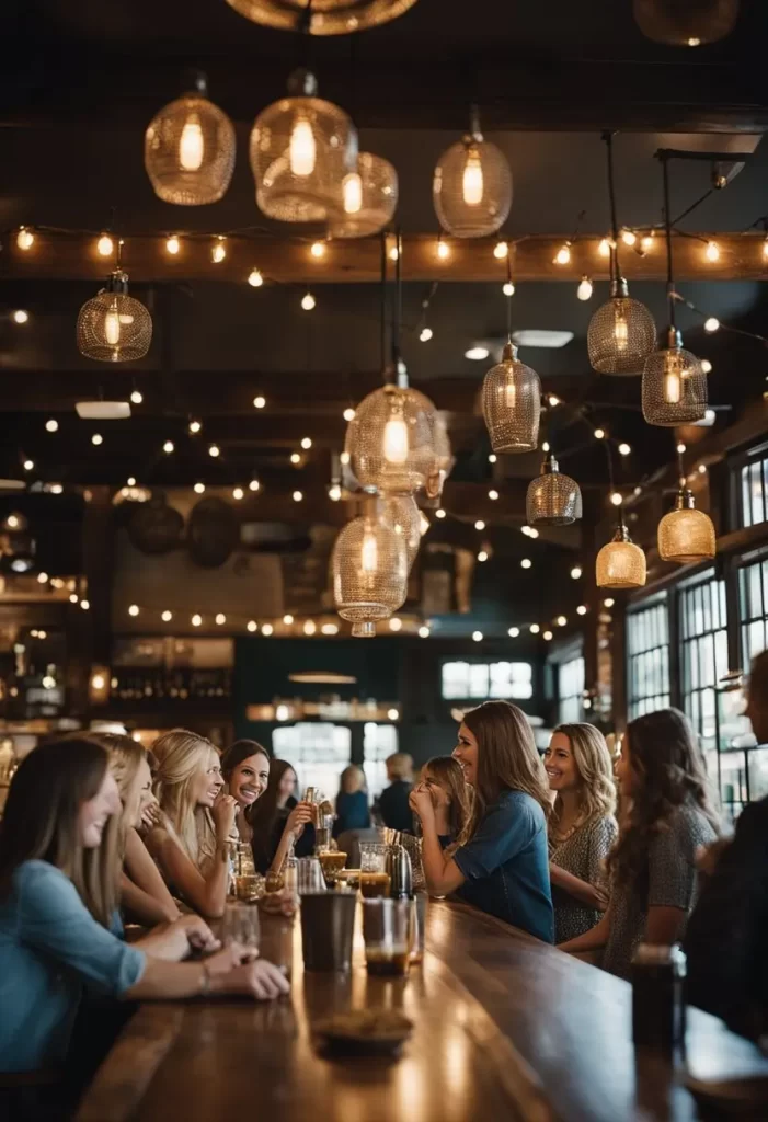 A group of friends enjoying Girls Night Out Activities in Waco at a cozy bar with warm lighting.