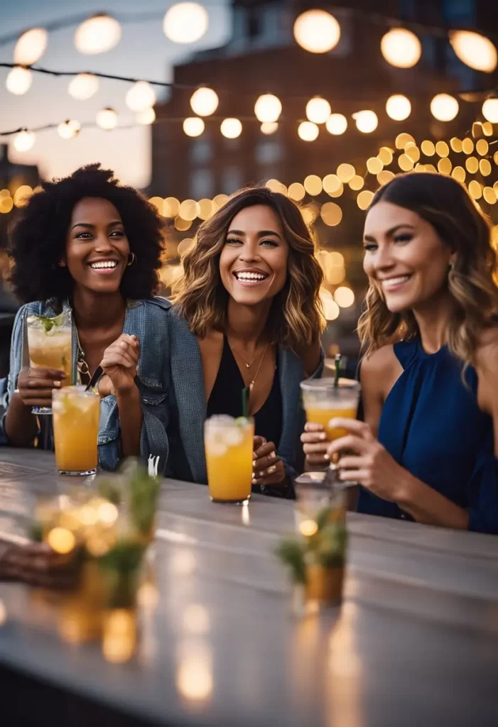 A group of friends enjoying drinks at a bar with festive lighting in Waco.