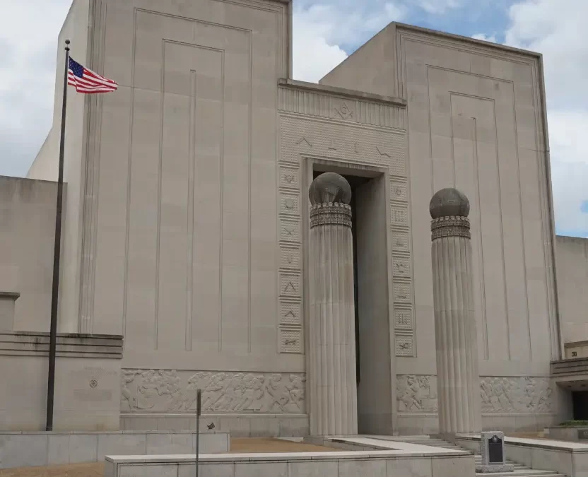 The exterior of the Grand Lodge of Texas building with its grand architectural design.