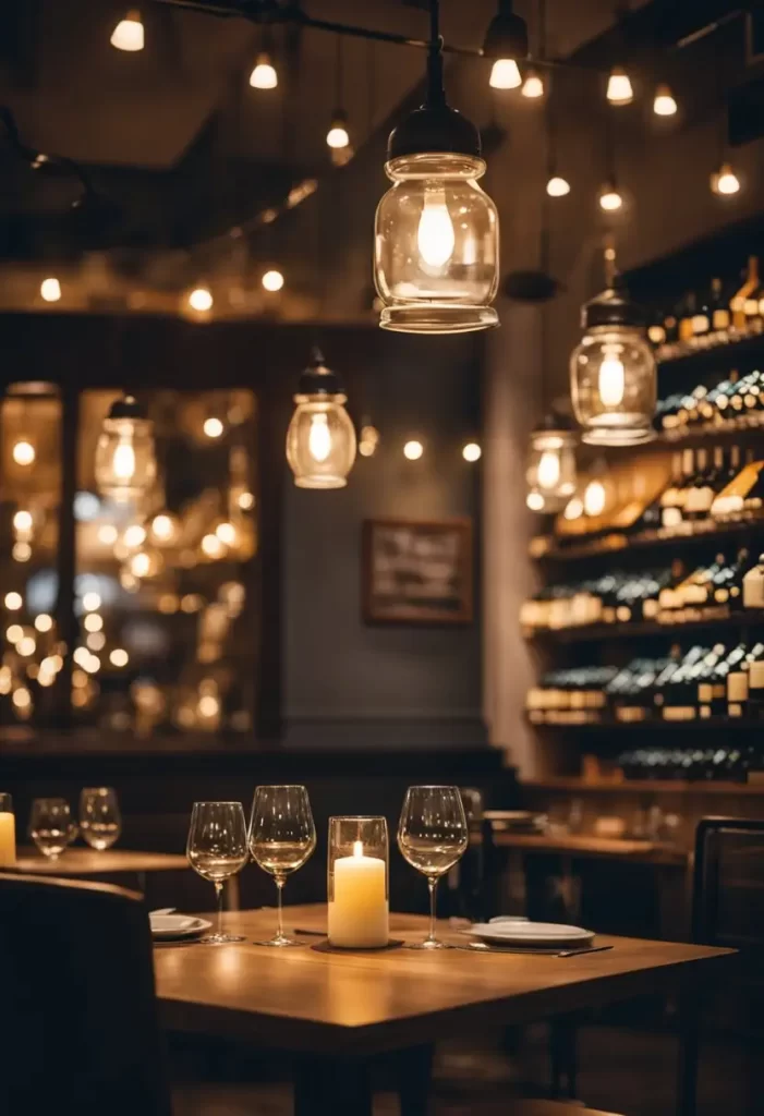 A cozy cafe with warm lighting, shelves of wine bottles, and a prominent lighthouse-themed decor. Tables set for late-night dining.