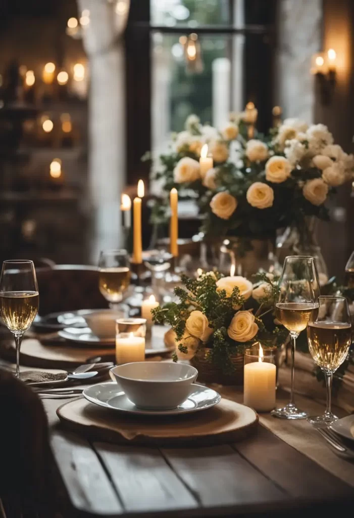 A cozy table setting with elegant dinnerware and a view of the bustling restaurant. Warm lighting and stylish decor create a welcoming atmosphere. Best sit down restaurants in Waco TX.