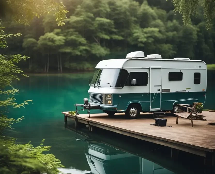 A serene lake surrounded by lush greenery, with RVs parked nearby and fishing rods lining the shore at one of the 10 RV Parks in Waco Texas.