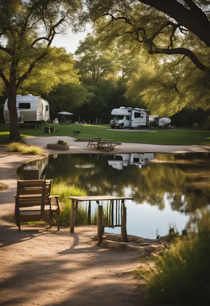 A serene campground with 10 RV Parks in Waco Texas nestled along Reynolds Creek, with a tranquil fishing spot nearby.