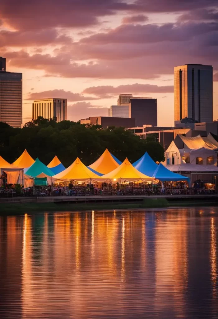 ultural Festivals in Waco, Texas: Colorful tents and stages line the riverfront, filled with music, food, and art. The sun sets behind the silhouetted skyline of Waco, Texas.