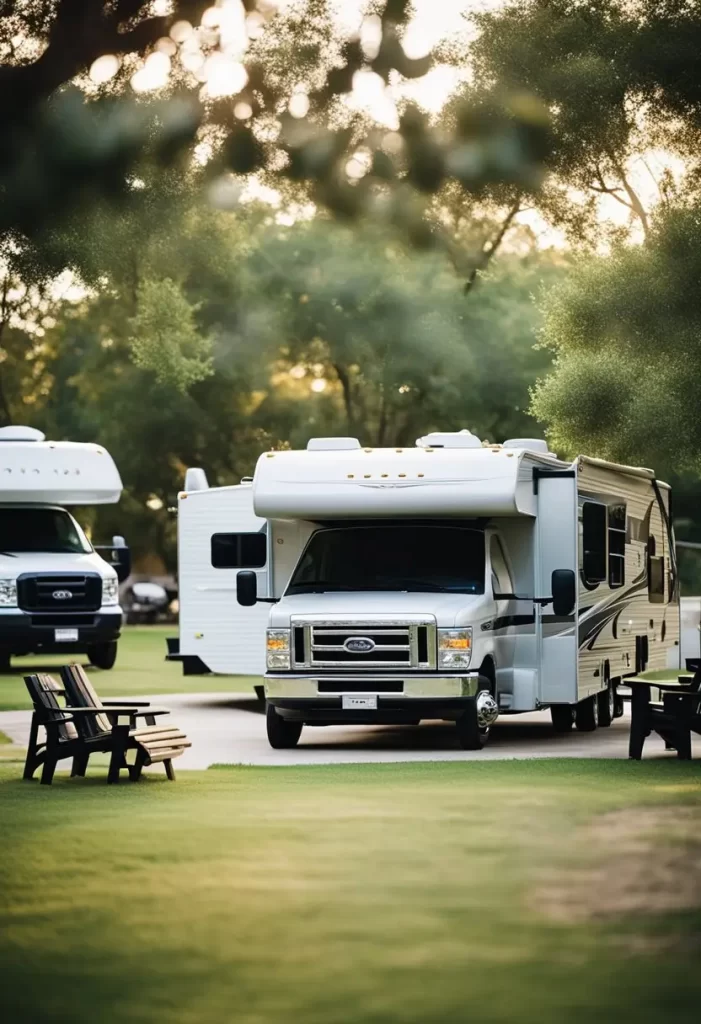 A bustling RV park in Waco, Texas, with spacious campsites, modern amenities, lush greenery, and families enjoying outdoor activities - RV Parks with Full Amenities in Waco Texas.