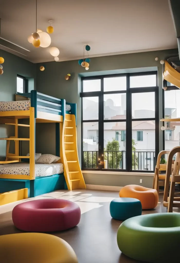 Tips for Traveling with Children in Waco Texas: A cozy hotel room with bunk beds, a colorful play area, and a high chair in the dining area. A swimming pool and playground are visible through the window.