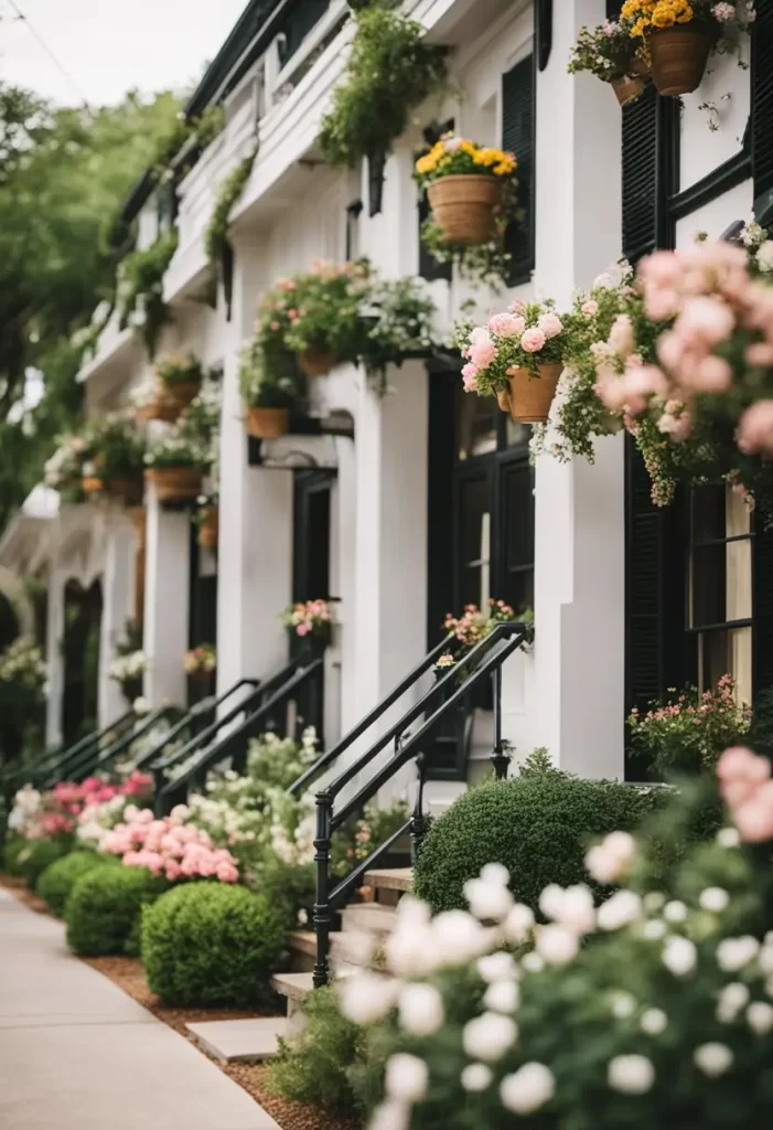 A charming vacation rental nestled among lush greenery near Magnolia Market in Waco, with a cozy porch and inviting outdoor seating area. A quaint row of vacation rentals nestled near Magnolia Market, surrounded by lush greenery and blooming flowers.