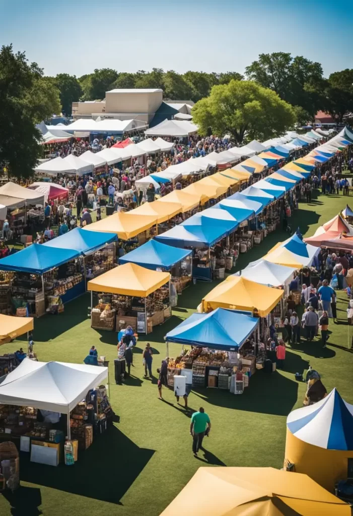 Food Festival in Waco Recommendation, Texas features rows of colorful food stalls and wine vendors under a sunny sky.