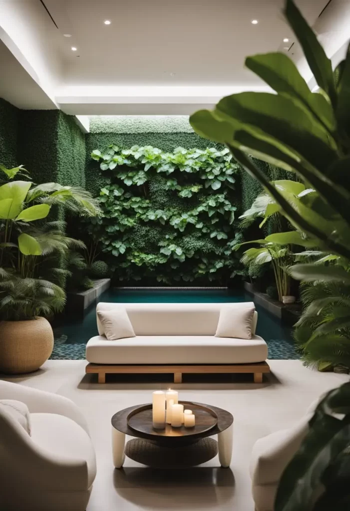  serene spa with modern decor, plush seating, and soothing lighting, surrounded by lush greenery and a tranquil pool - luxury spa hotels in Waco Texas