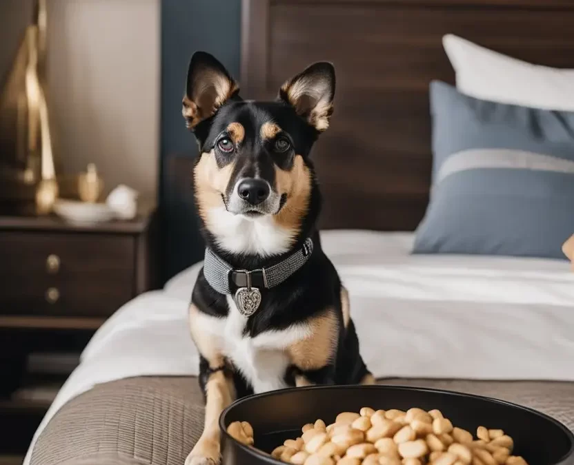 A cozy hotel room in Waco, Texas with a pet bed, food and water bowls, and a welcoming sign for pet guests - pet friendly accommodations in Waco Texas