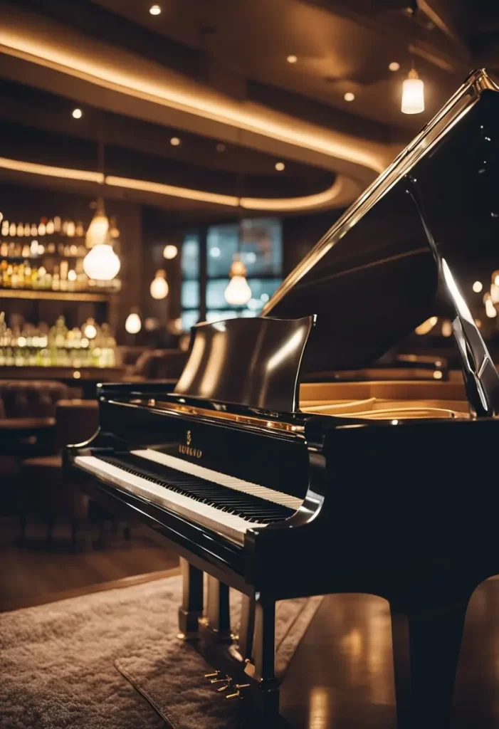 A lively patio bar with a grand piano as the focal point, surrounded by twinkling string lights and cozy seating areas, perfect for those seeking Piano Bars in Waco Texas.