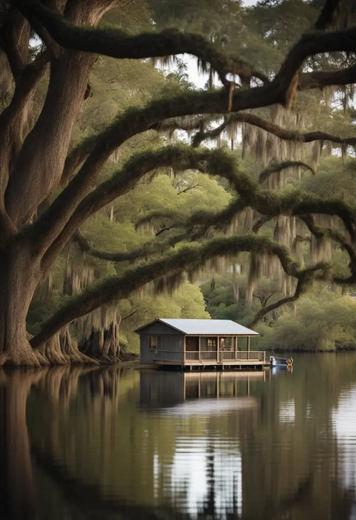 A serene lake surrounded by lush live oak trees, with a cozy cabin nestled on the shore and a rowboat gently drifting on the water, perfect for Romantic Getaways in Waco Texas.