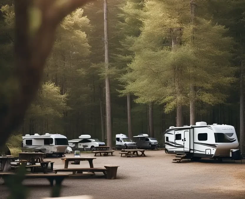 A group of RVs parked in a spacious campground surrounded by trees and picnic tables, showcasing RV parks with group camping facilities in Waco Texas.