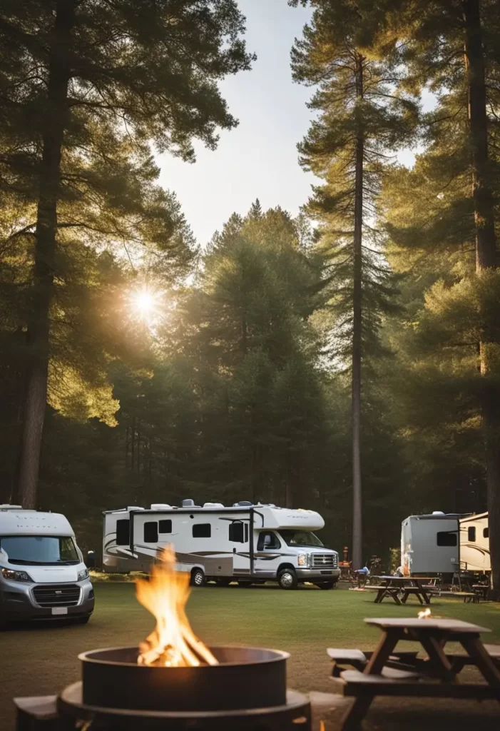 A group of RVs parked in a spacious campground surrounded by trees and picnic tables, featuring a large fire pit at the center, highlighting RV parks with group camping facilities in Waco Texas recommendation.