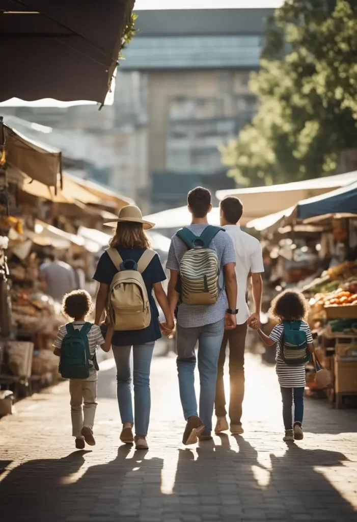 Tips for Traveling with Children in Waco Texas: A family with children walks through a bustling market in Waco, carrying backpacks and holding hands. They pass by a sign with safety tips for traveling with children.