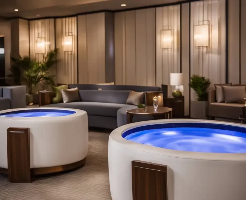 A serene spa at Hotel Indigo Waco - Baylor, with modern decor, plush seating, and soothing lighting - spa hotels in Waco Texas.