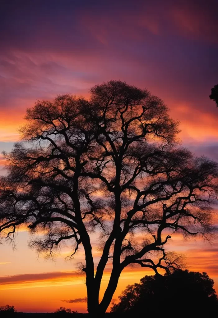 Sunset Hike in Waco Texas - A vibrant sunset over the Waco landscape, with silhouetted trees and rolling hills in the distance.