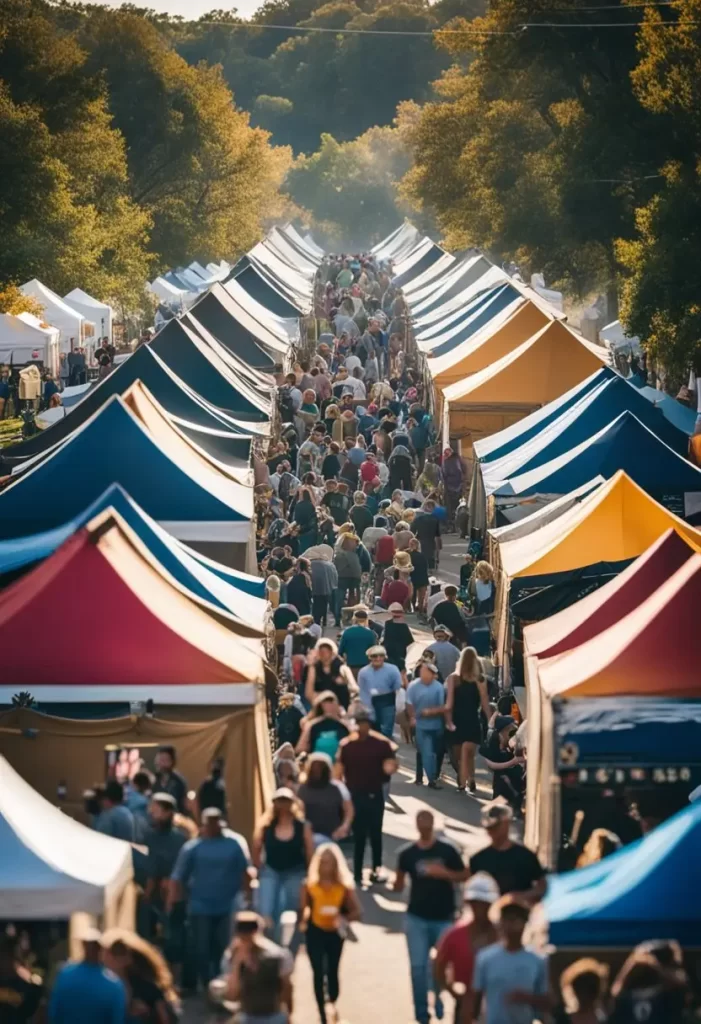 Things to do in Waco TX this October: Crowded outdoor market in Waco, Texas with rows of colorful tents during an October event.