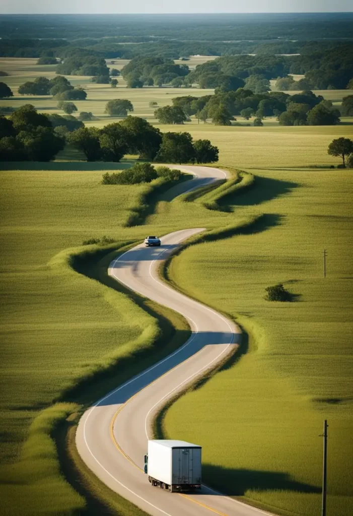  winding road leading through rolling hills towards the iconic silos of Magnolia Market, with a clear blue sky and a warm, sunny day.