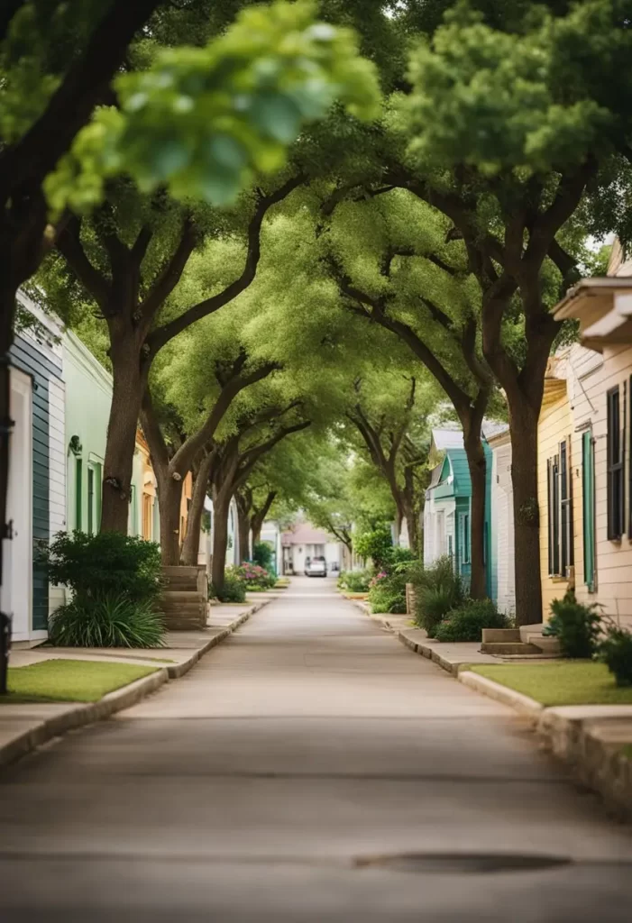 A charming vacation rental nestled among lush greenery near Magnolia Market in Waco, with a cozy porch and inviting outdoor seating area. A quaint street lined with colorful vacation rentals near the bustling Magnolia Market in Waco, Texas. Lush greenery and charming architecture create a welcoming atmosphere for travelers