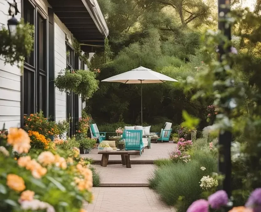 A row of 10 vacation rentals with various outdoor spaces in Waco, including patios, decks, and gardens, surrounded by lush greenery and colorful flowers. 10 Vacation Rentals with Outdoor Spaces in Waco.