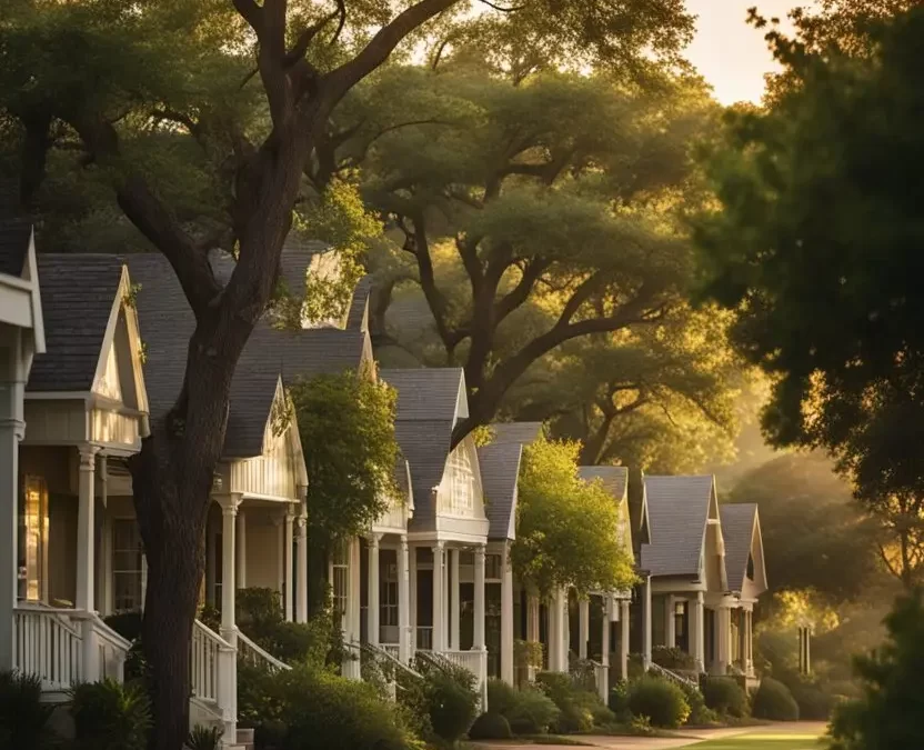 Accommodations Near Cameron Park in Waco Texas: A quaint row of cottages nestled among lush green trees near Cameron Park in Waco, Texas. The sun sets behind the distant hills, casting a warm glow on the peaceful scene.