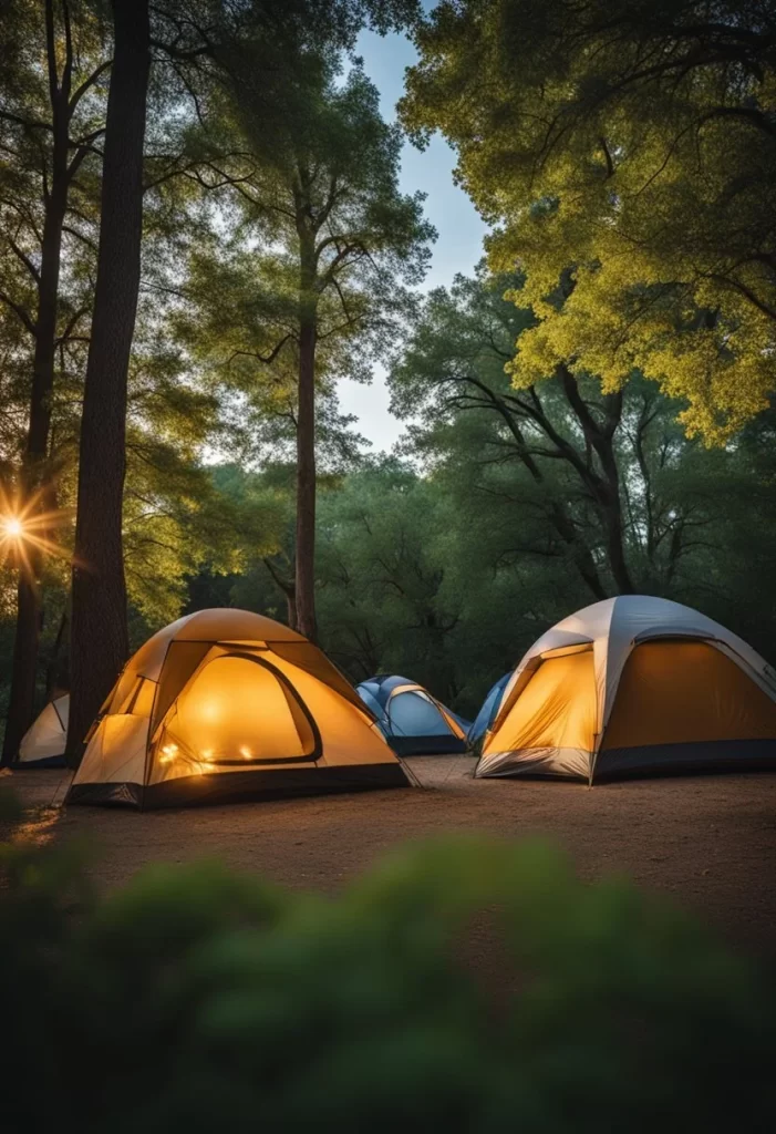 A group of tents nestled among the trees at a budget-friendly campsite in Waco, Texas. A campfire burns in the center, casting a warm glow over the area. Budget Friendly Campsites in Waco Texas.