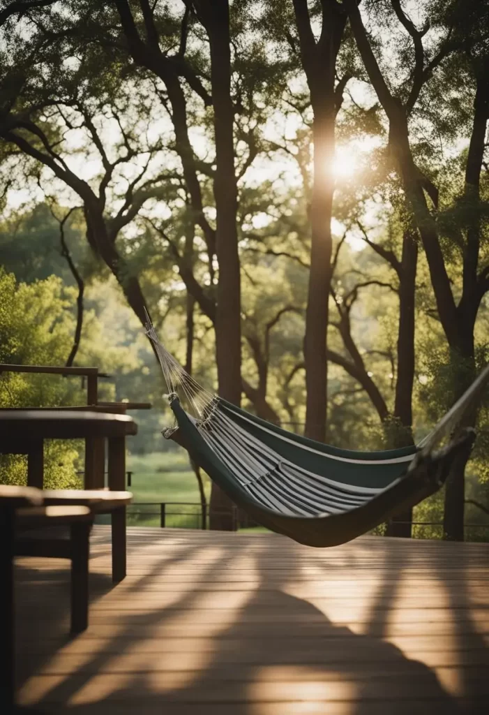 Accommodations Near Cameron Park in Waco Texas: A cozy cabin nestled among tall trees with a view of Cameron Park in Waco, Texas. A hammock sways in the gentle breeze, inviting relaxation.