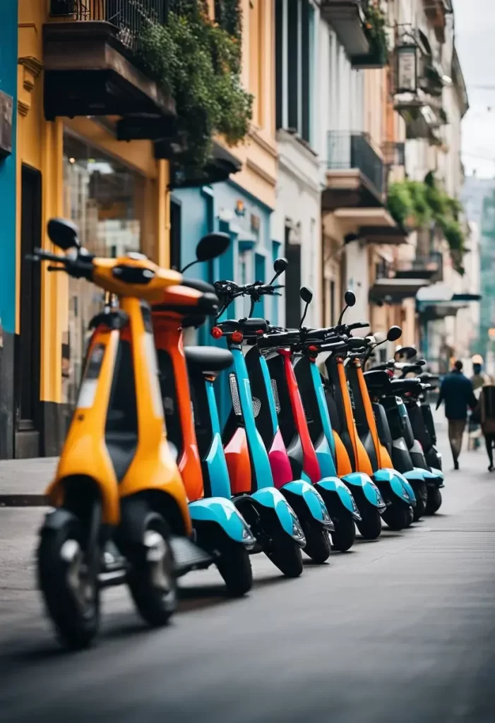 bustling city street with colorful electric scooters lined up in front of a rental shop, with people passing by and a vibrant cityscape in the background. Electric Scooter Rentals in Waco Texas.