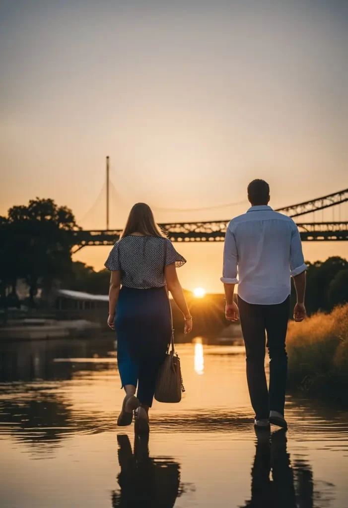 A couple strolling along the Brazos River, with the sun setting behind the iconic Waco Suspension Bridge for a date night in Waco, Texas