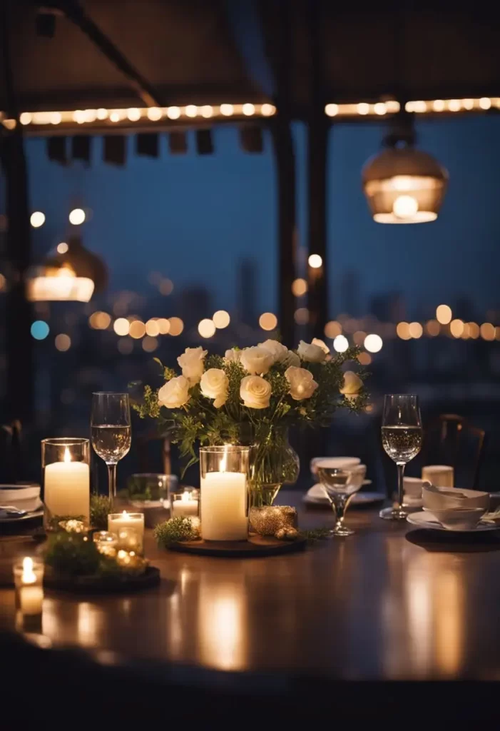 A cozy table for two set with candles and flowers in a charming Waco restaurant, with a view of the city lights for a date night in Waco, Texas.