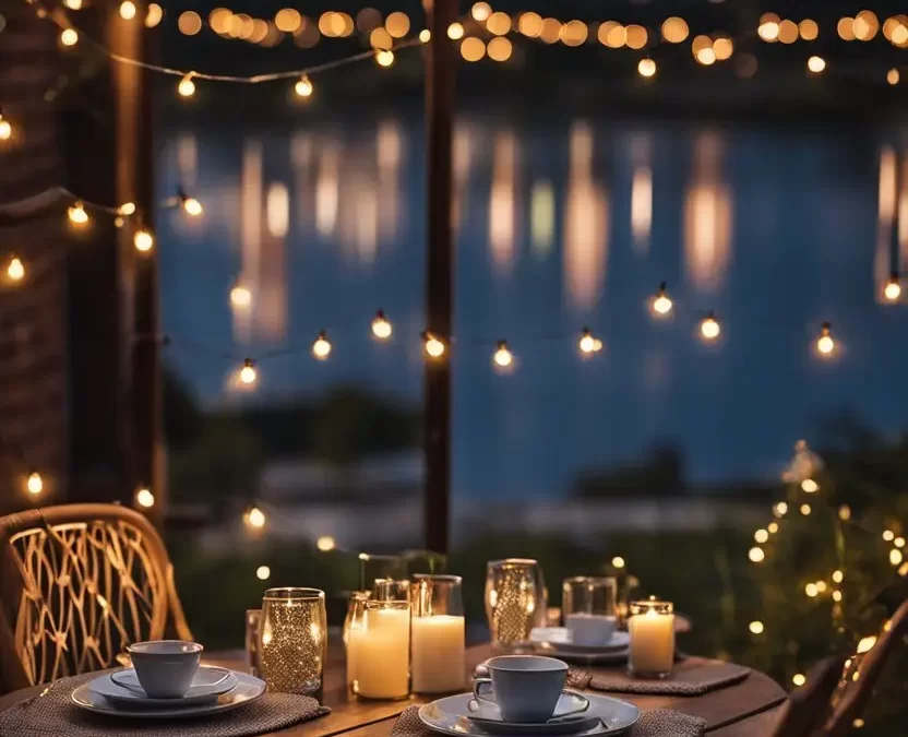 A cozy outdoor table set for two with string lights, a view of the Waco skyline, and a warm, romantic atmosphere for a date night in Waco, Texas.