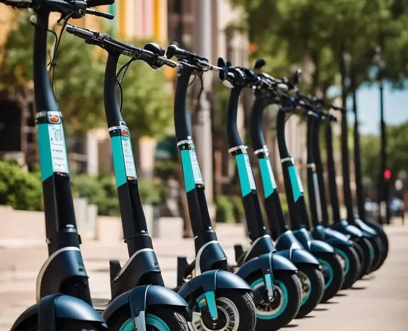 A row of electric scooters parked neatly on a sidewalk in downtown Waco, with colorful buildings and bustling streets in the background. Electric Scooter Rentals in Waco Texas.