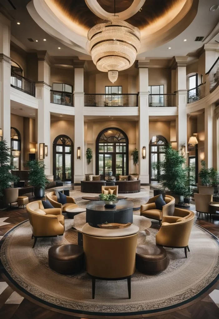 A grand luxury hotel in Waco, Texas with a lavish lobby, opulent furnishings, and picturesque views of the surrounding landscape. Luxury Hotels Near Waco Texas.