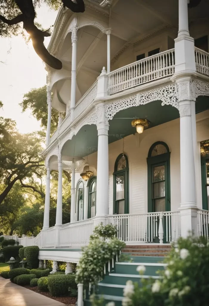 A charming historic bed and breakfast nestled in Waco, Texas, featuring a grand Victorian-style building with a wrap-around porch and lush garden.