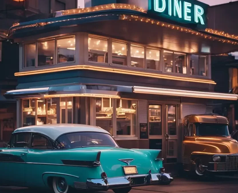 A vintage diner with neon sign, outdoor seating, and classic cars parked in front for historic restaurants in Waco