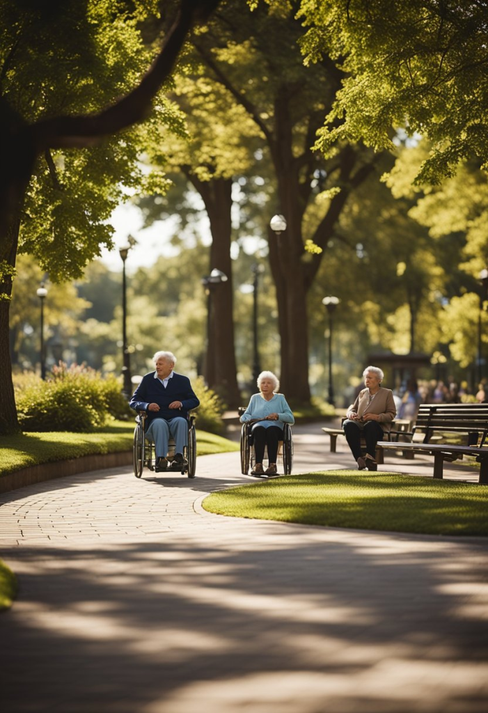 Elderly individuals enjoying a serene park setting with accessible walking paths, shaded seating areas, and designated areas for leisure activities, showcasing Key Park Amenities for Seniors in Waco, Texas.